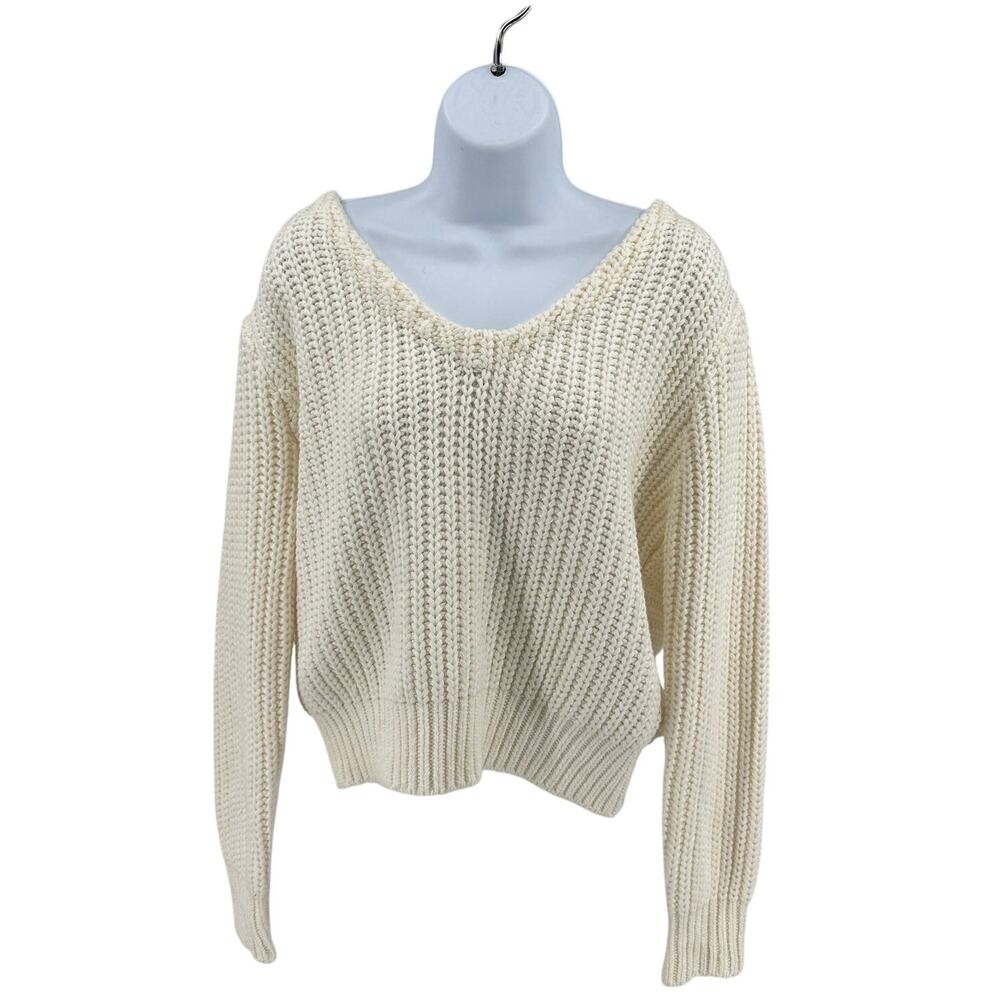 Chunky Knit Sweater WMNS S Cream/Ivory V-Neck Cable Knit Twist Back Long Sleeve